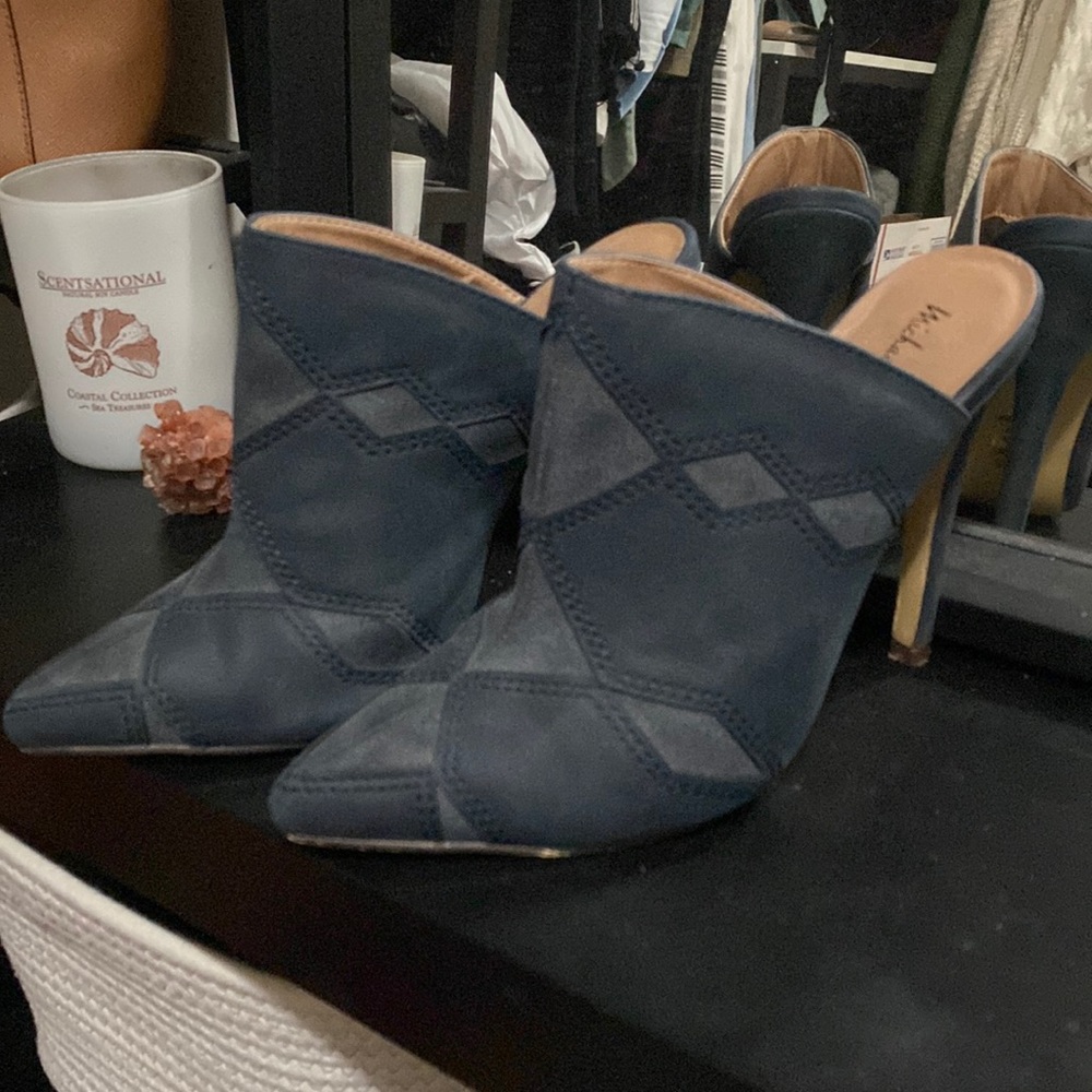 Blue stiletto Mules quilted design